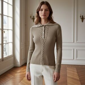 St. John Yellow Label 1/4 Button Metallic Gold Thread Beige Sweater Size P